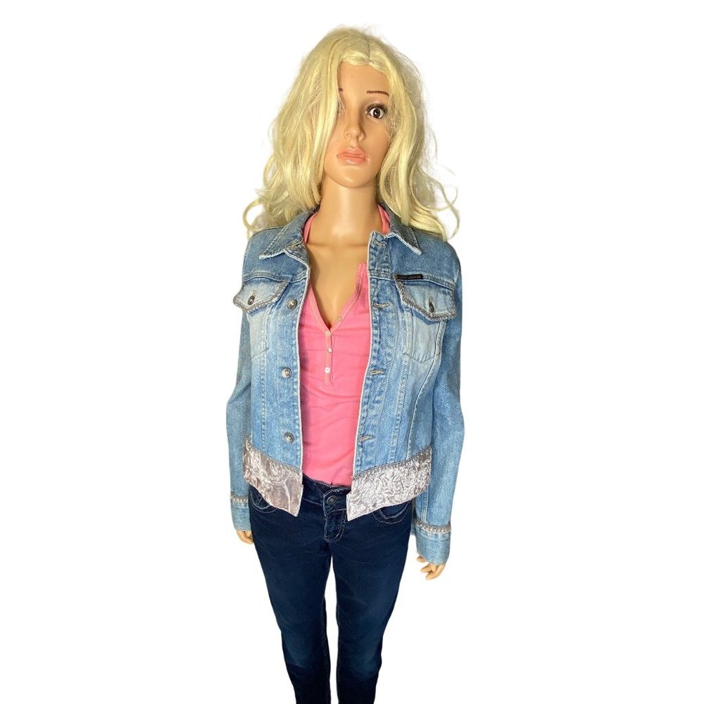 Vintage 90s DKNY Denim Jeans Jacket w/ Silver Pink Velvet Trim Medium - Picture 4 of 16
